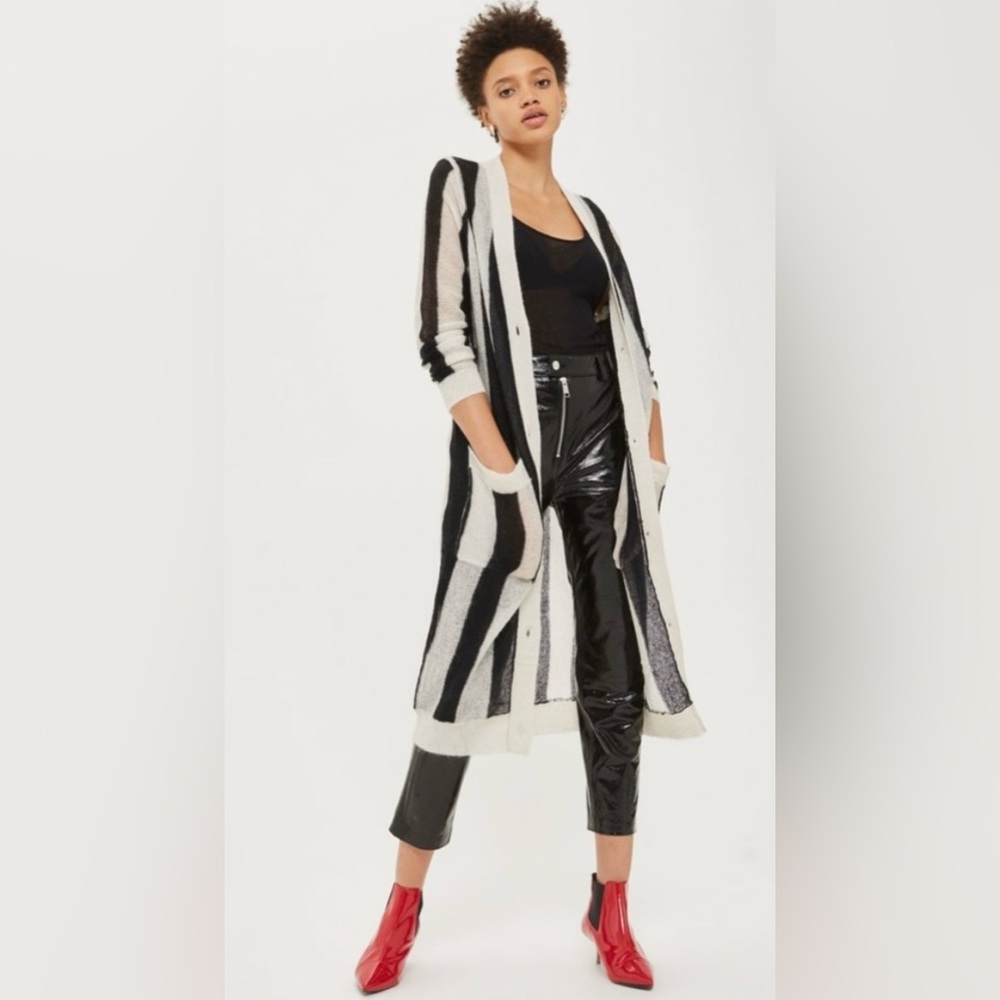 Topshop Black and White Striped Long Button Front Cardigan